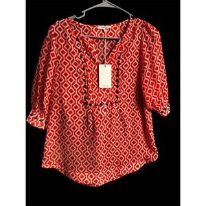 HAWTHORN Orange White Geometric Blouse Button Accents V-Neck 3/4 Sleeve S NEW